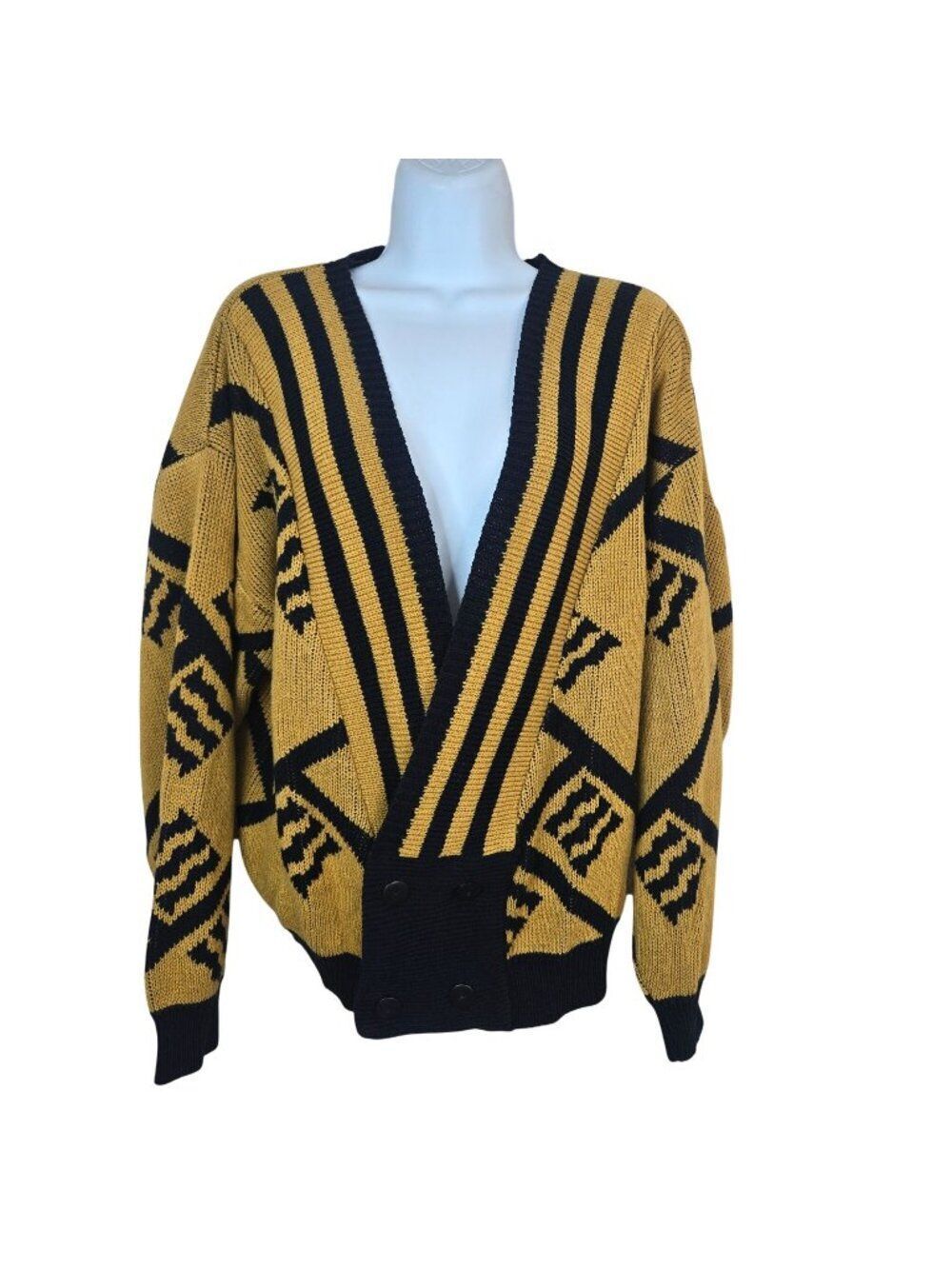 Vintage 80s Oversized Knit Cardigan Sweater Black Yellow Geometric Womens M